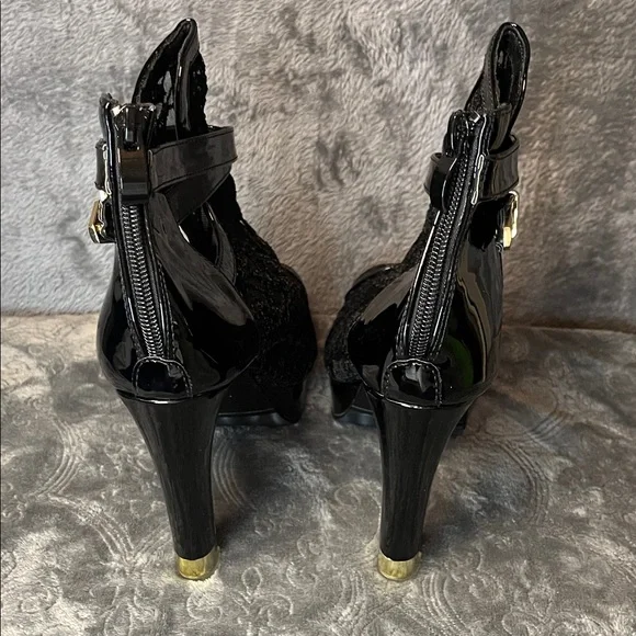 Size 10 Women's Black Lace Peep-Toe High Heel Booties with Gold Heel Accent - Picture 2 of 4